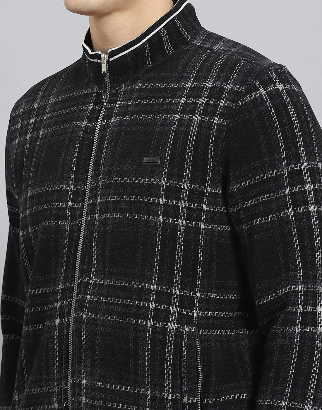 Men Black Check Stand Collar Full Sleeve Sweatshirt - Image 8