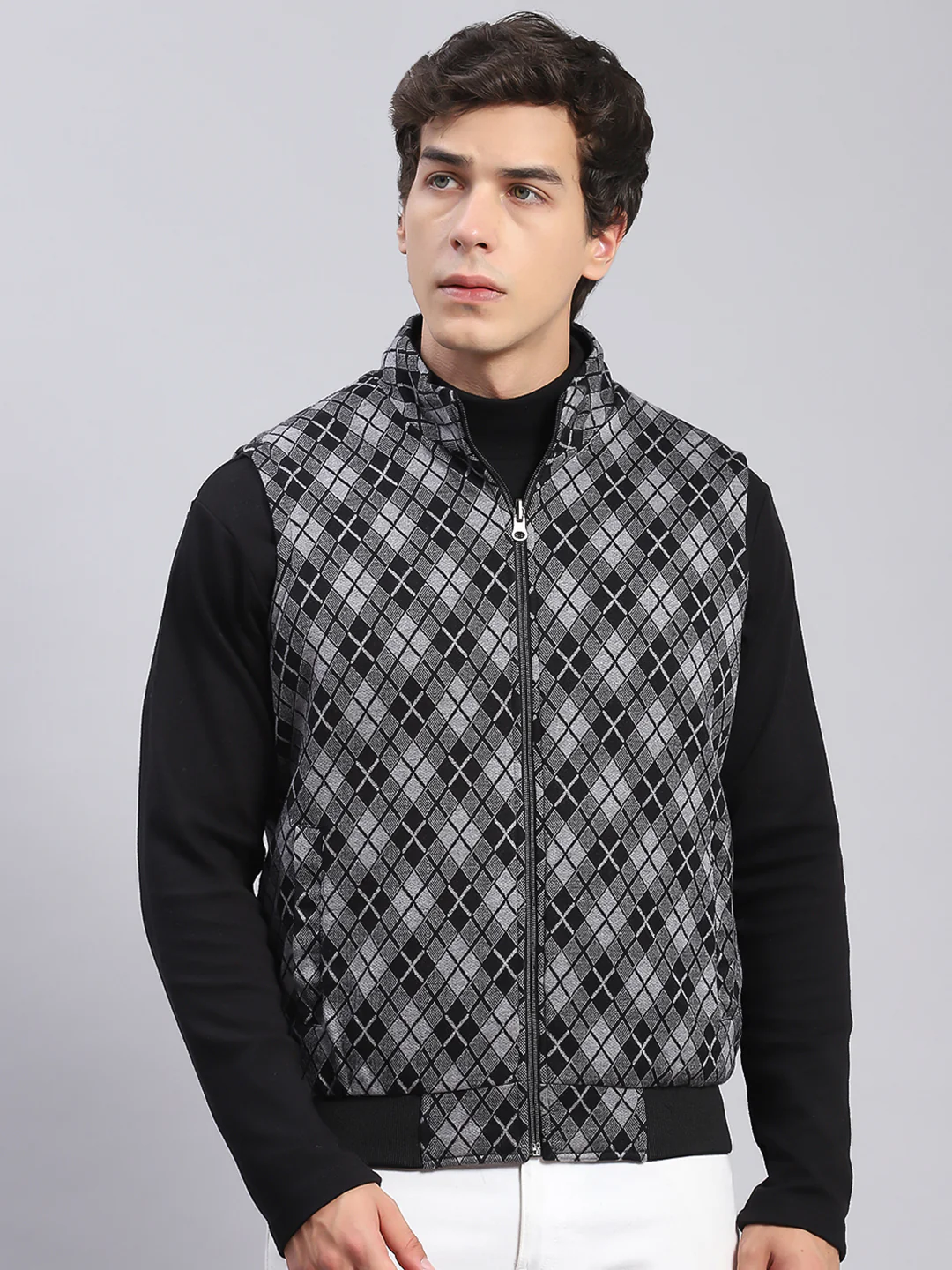 Men Black Check Stand Collar Sleeveless Jackets - Image 3
