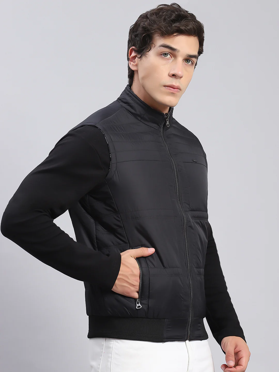 Men Black Check Stand Collar Sleeveless Jackets - Image 6