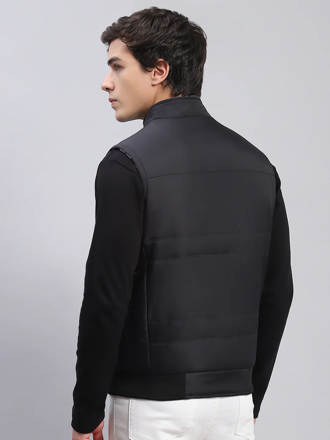 Men Black Check Stand Collar Sleeveless Jackets - Image 7
