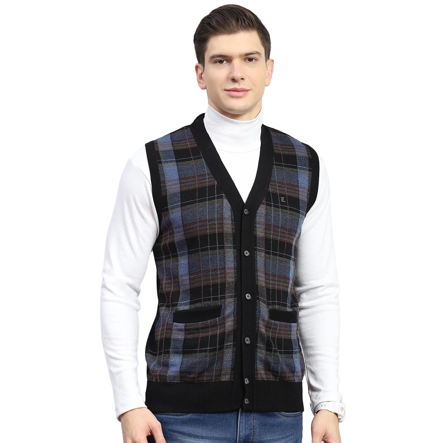 Men Black Check V Neck Sleeveless Sweater - Image 5