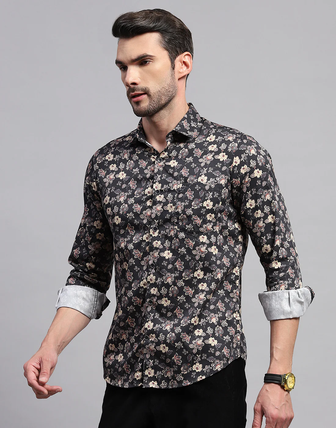Men Black Floral Print Collar Neck Full Sleeve Shirt - Image 3