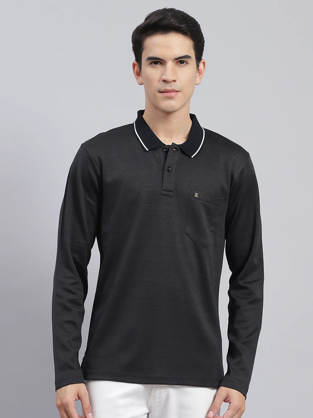 Men Black Jaquard Double Mercerized Cotton T-Shirt - Image 2
