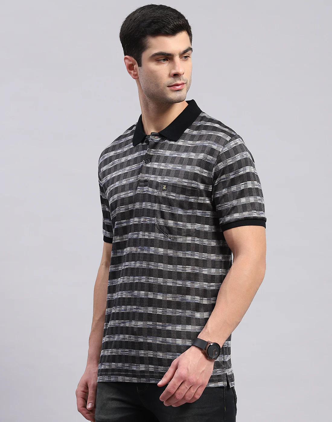 Men Black Jaquard Polo Collar Half Sleeve T-Shirt - Image 4