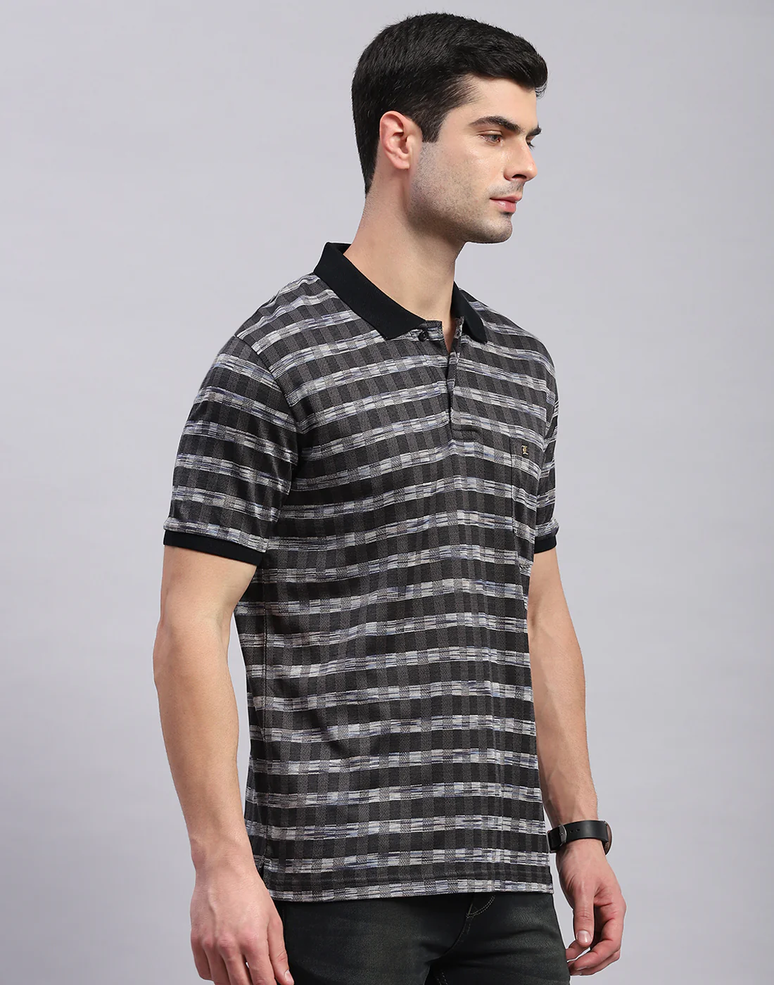 Men Black Jaquard Polo Collar Half Sleeve T-Shirt - Image 5