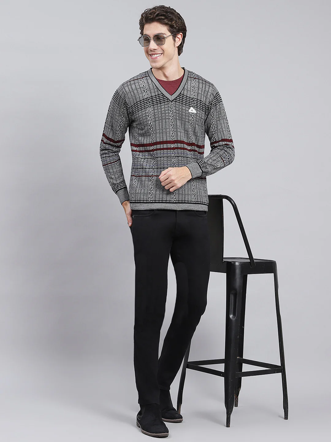 Men Black Jaquard Wool blend Pullover - Image 5