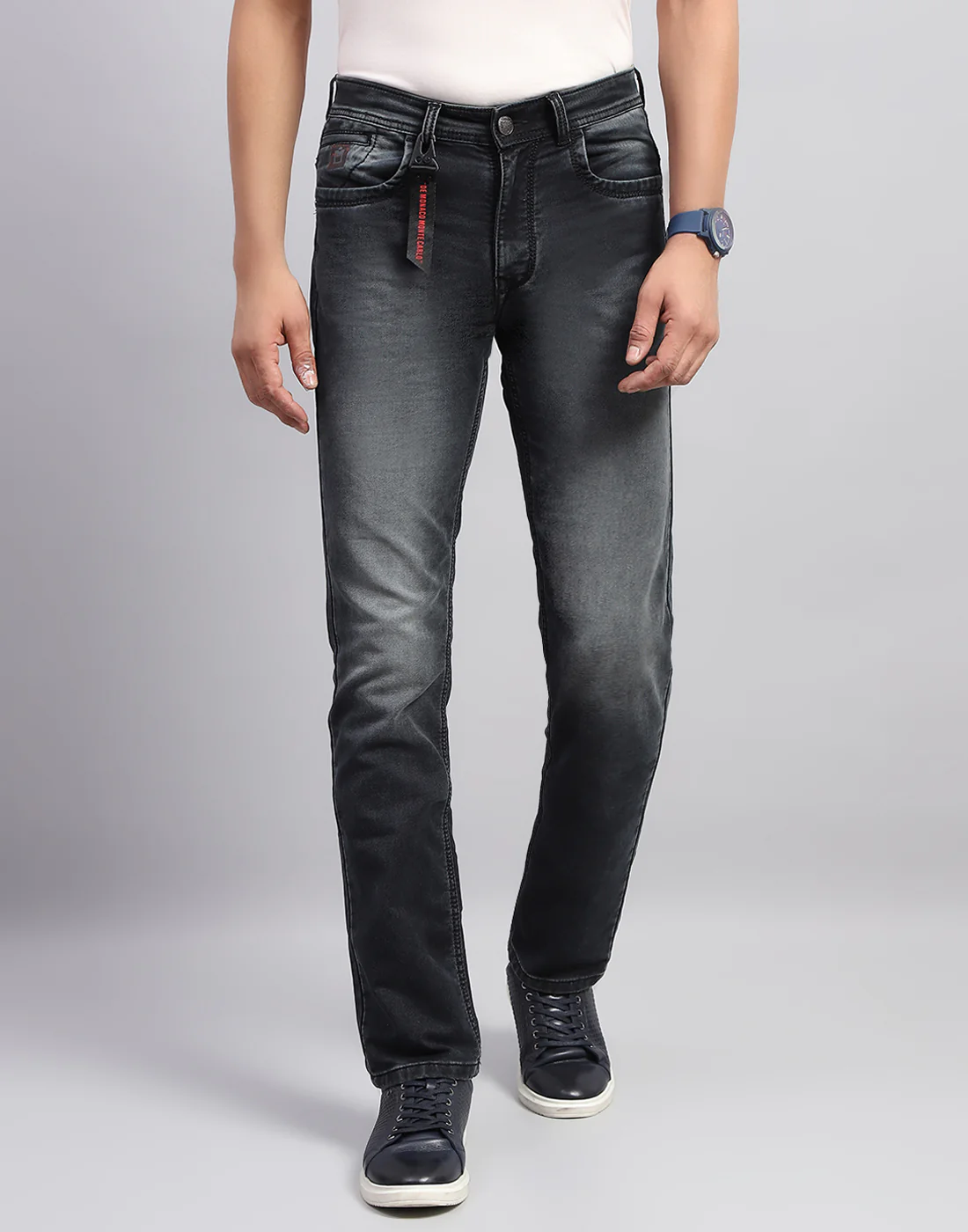 Men Black Light Wash Narrow Fit Denim - Image 2