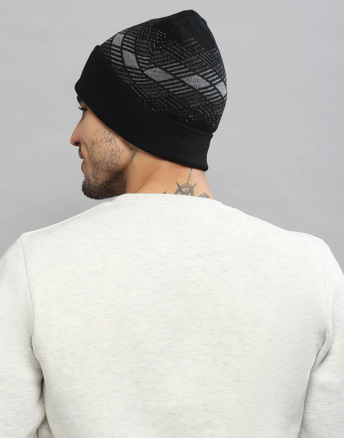 Men Black Printed Blend Wool Cap - Image 4