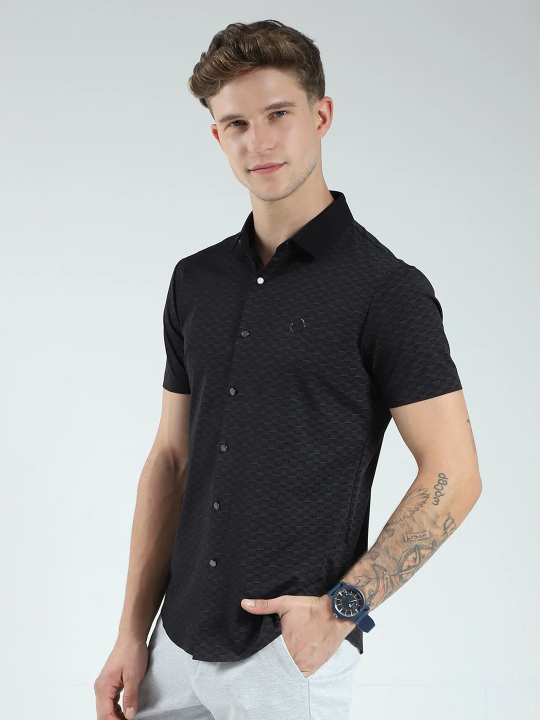Men Black Printed Collar Half Sleeve Shirt - Image 3