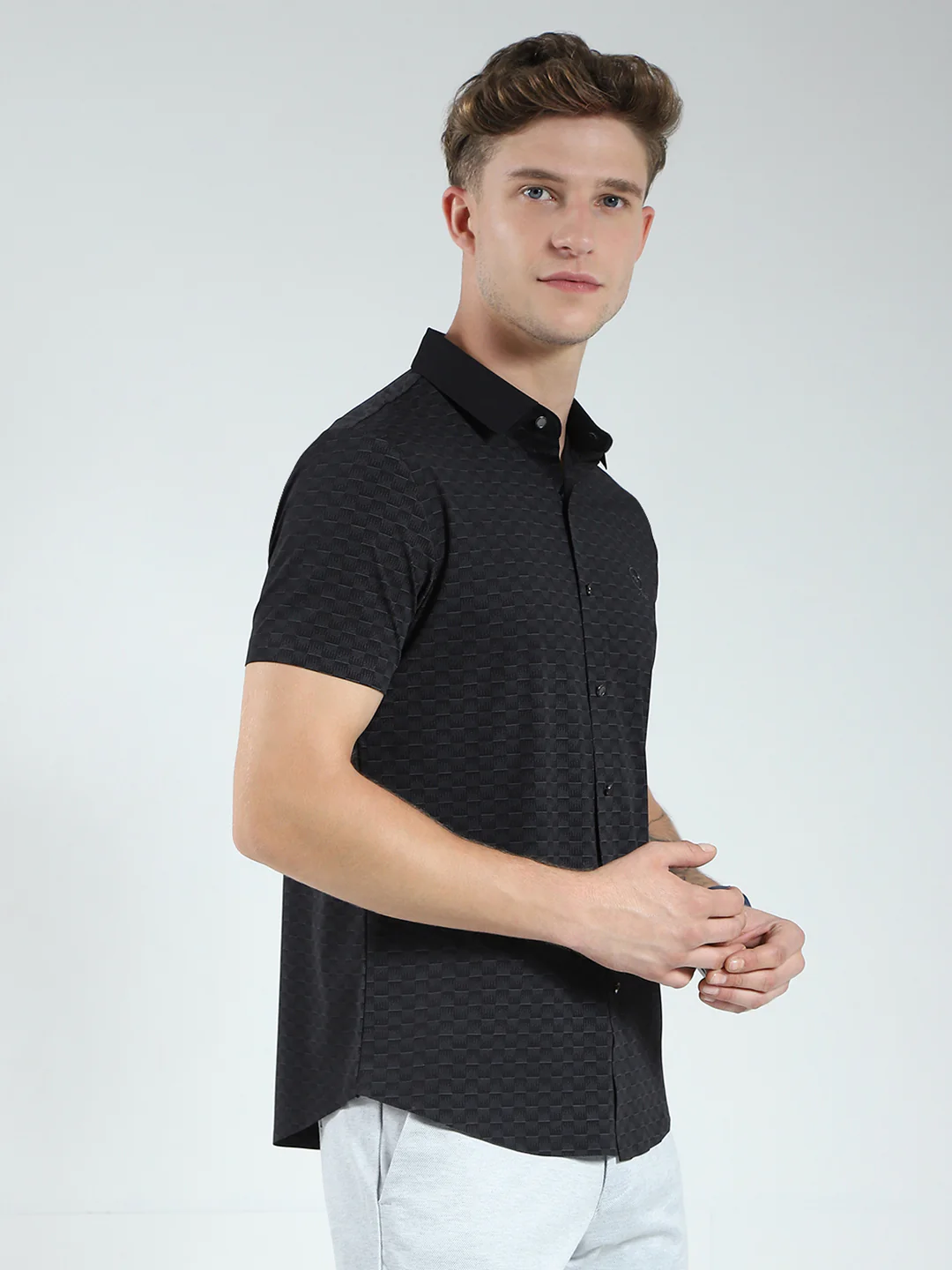 Men Black Printed Collar Half Sleeve Shirt - Image 4