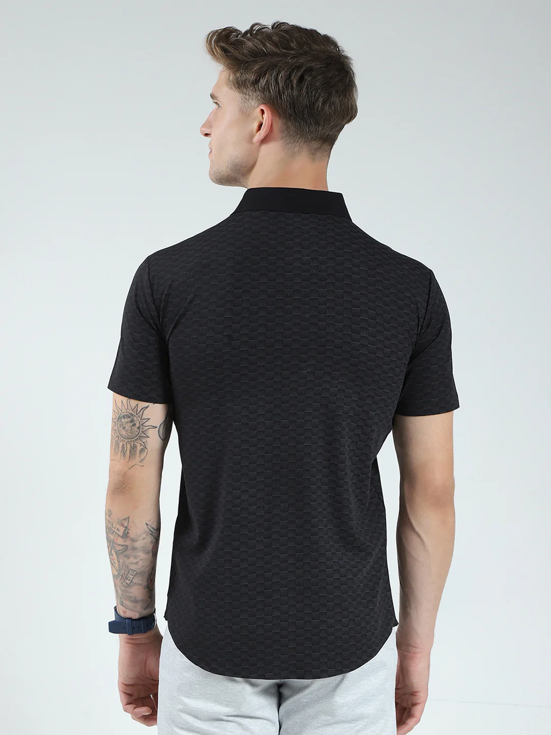 Men Black Printed Collar Half Sleeve Shirt - Image 5