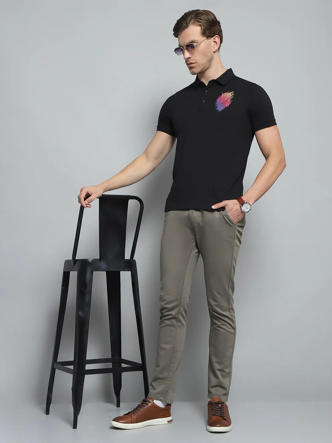 Men Black Printed Collar Half Sleeve T-Shirt - Image 2