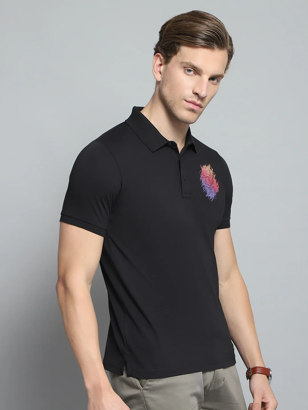 Men Black Printed Collar Half Sleeve T-Shirt - Image 4