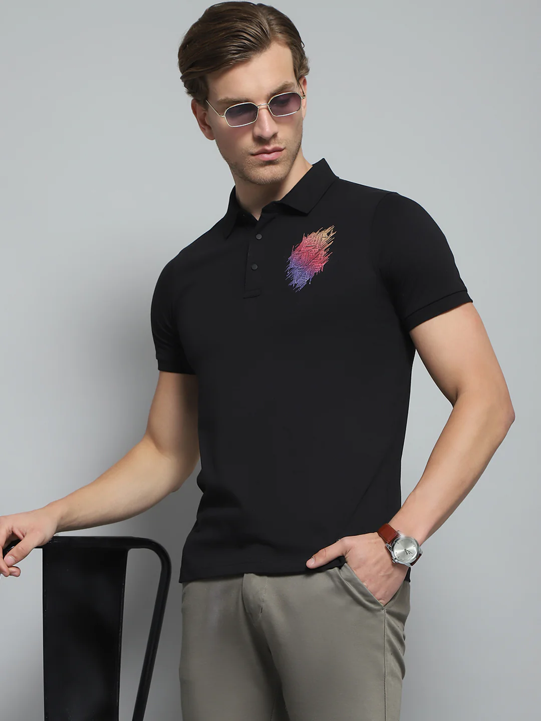 Men Black Printed Collar Half Sleeve T-Shirt - Image 6