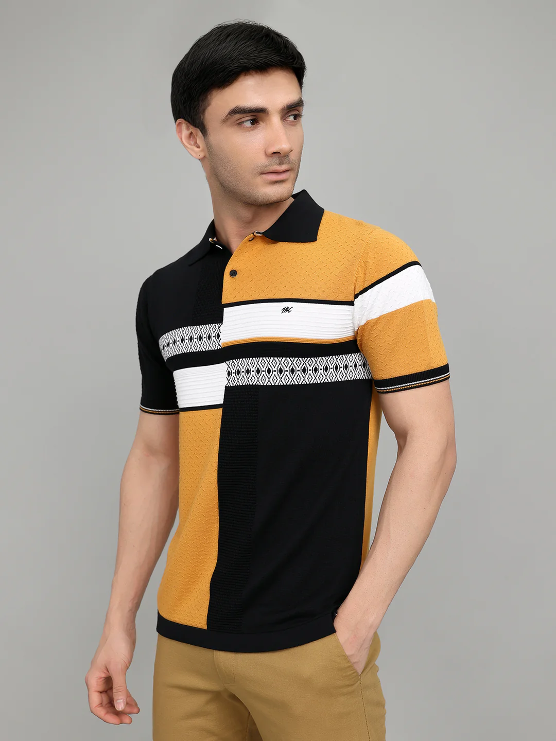 Men Black Printed Collar Half Sleeve T-Shirt - Image 3