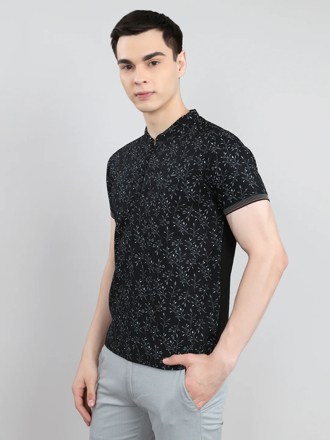 Men Black Printed Henley Neck Half Sleeve T-Shirt - Image 2