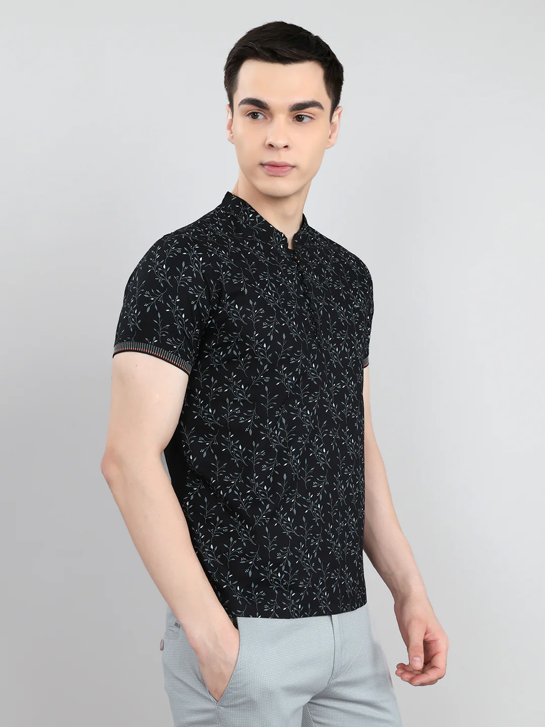 Men Black Printed Henley Neck Half Sleeve T-Shirt - Image 3