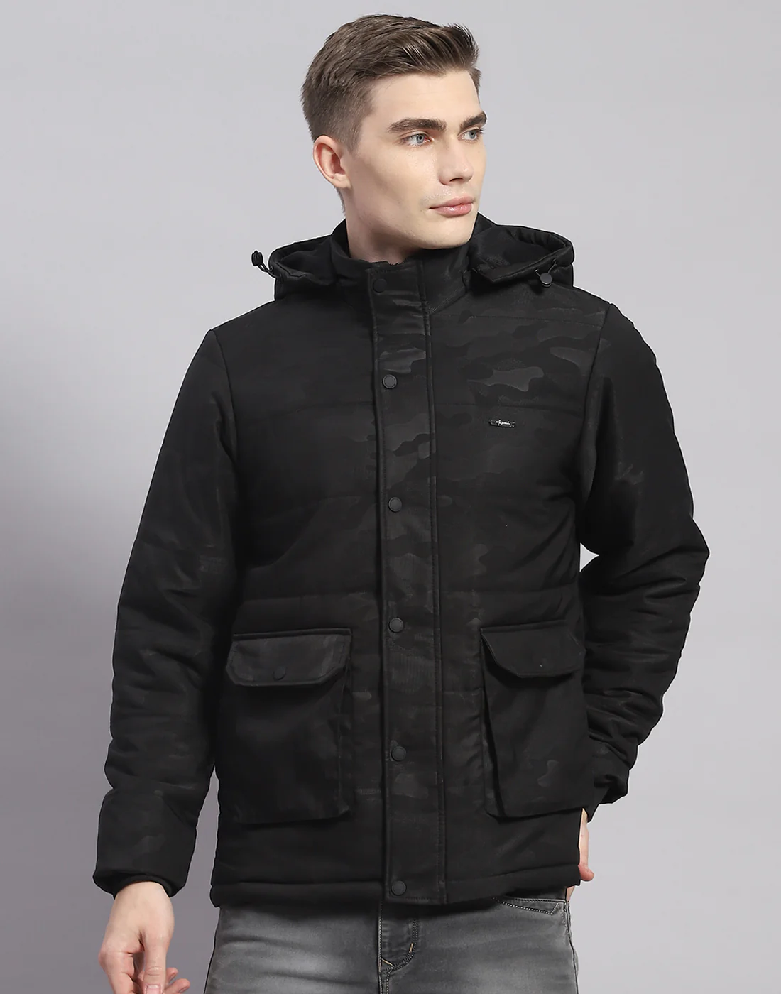 Men Black Printed Hooded Full Sleeve Jacket - Image 3
