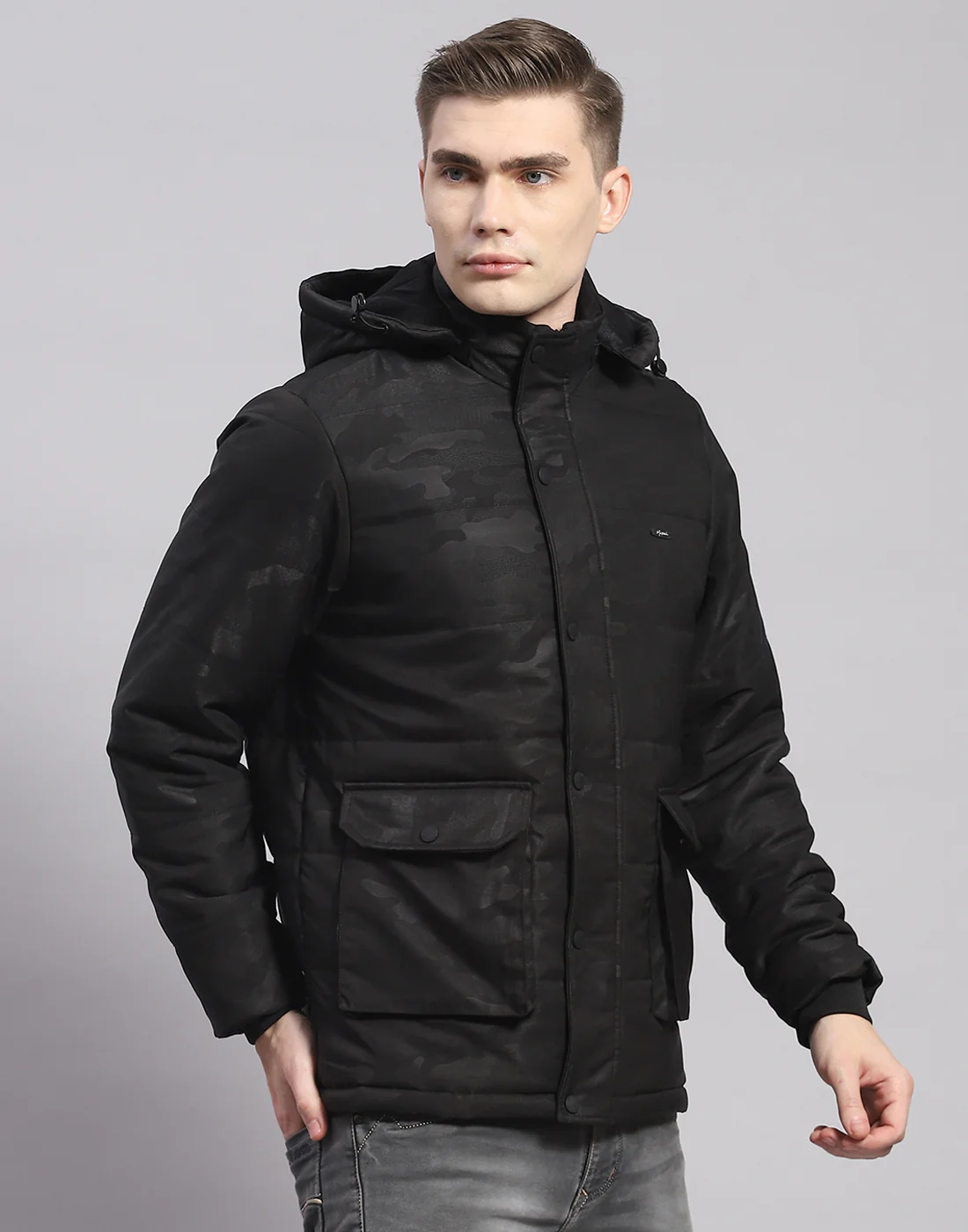 Men Black Printed Hooded Full Sleeve Jacket - Image 4