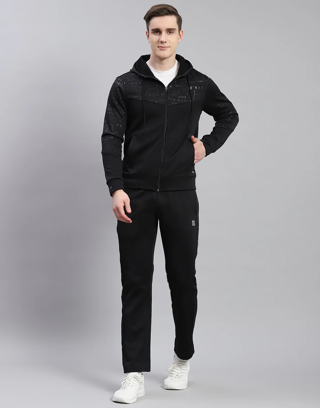 Rock.it Men Black Printed Hooded Full Sleeve Tracksuit - Image 2
