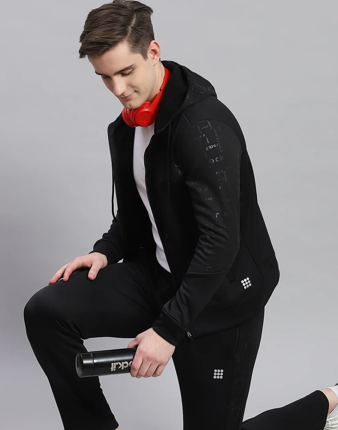 Rock.it Men Black Printed Hooded Full Sleeve Tracksuit - Image 6