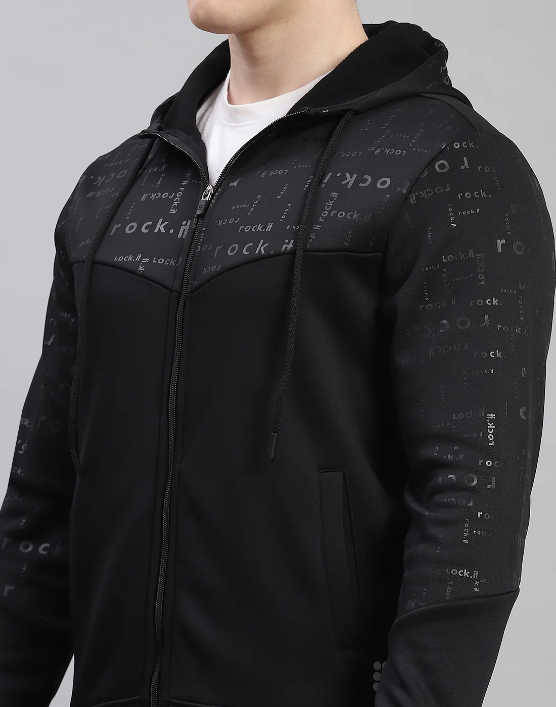 Rock.it Men Black Printed Hooded Full Sleeve Tracksuit - Image 7