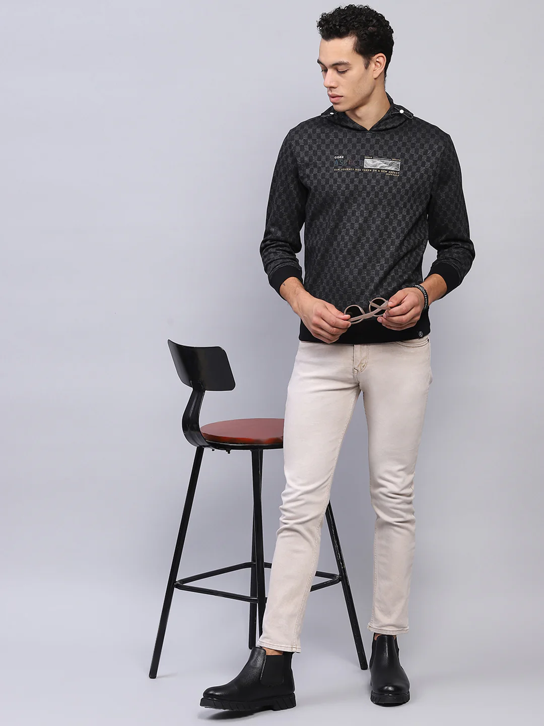 Men Black Printed Hooded Full Sleeve Winter T-Shirt - Image 2