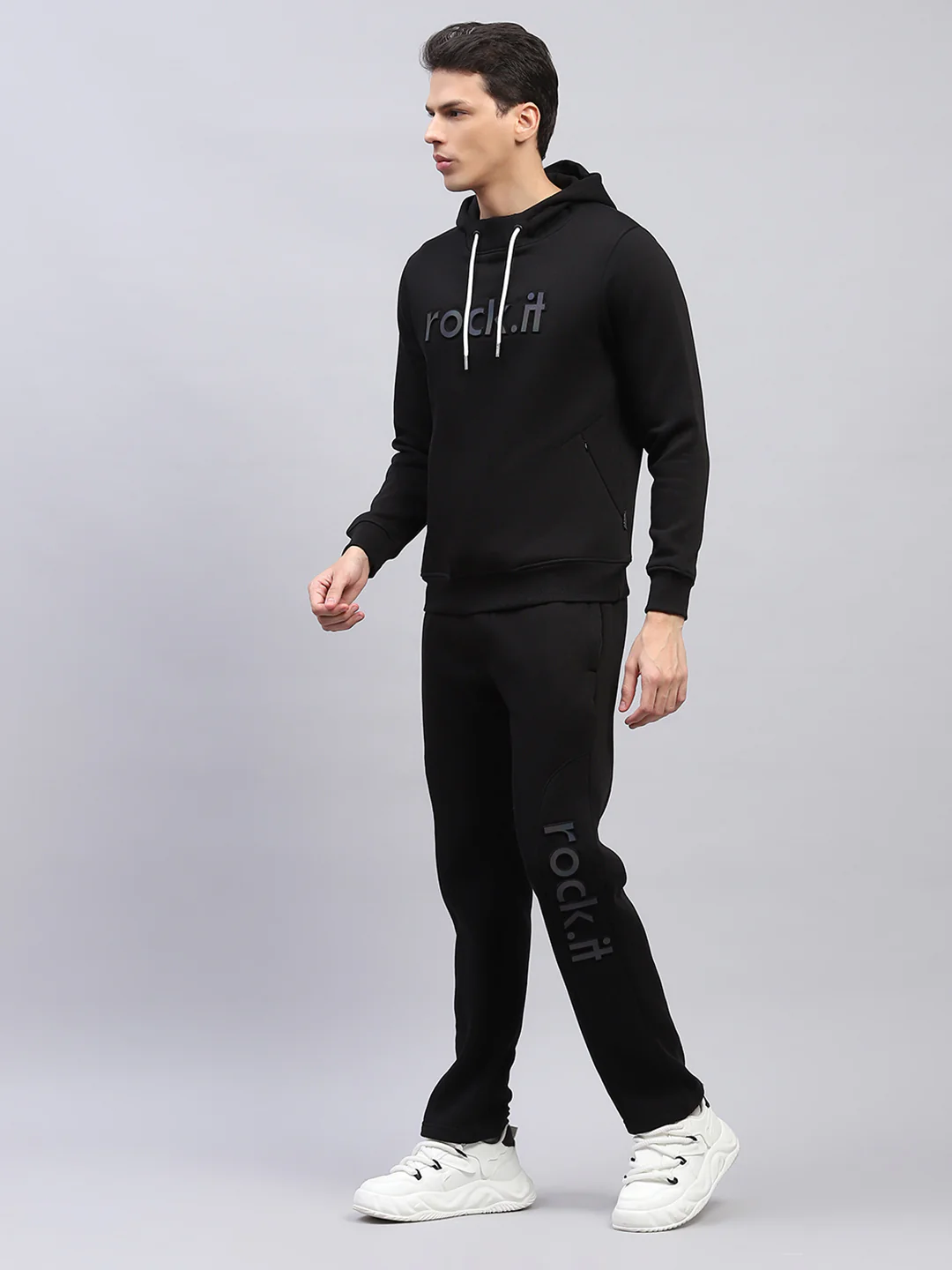 Rock.it Men Black Printed Hooded Full Sleeve Winter Tracksuit - Image 3