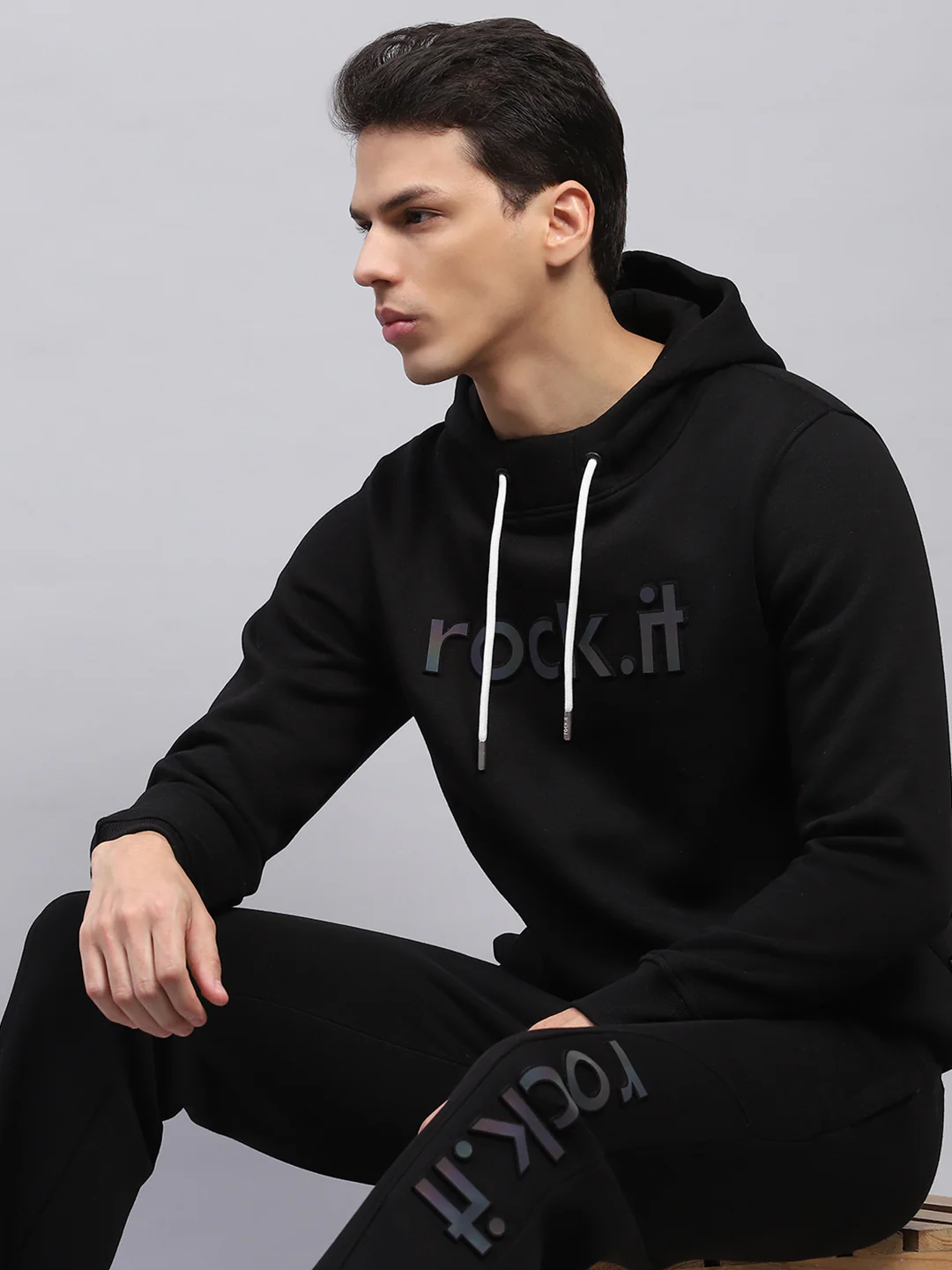 Rock.it Men Black Printed Hooded Full Sleeve Winter Tracksuit - Image 6