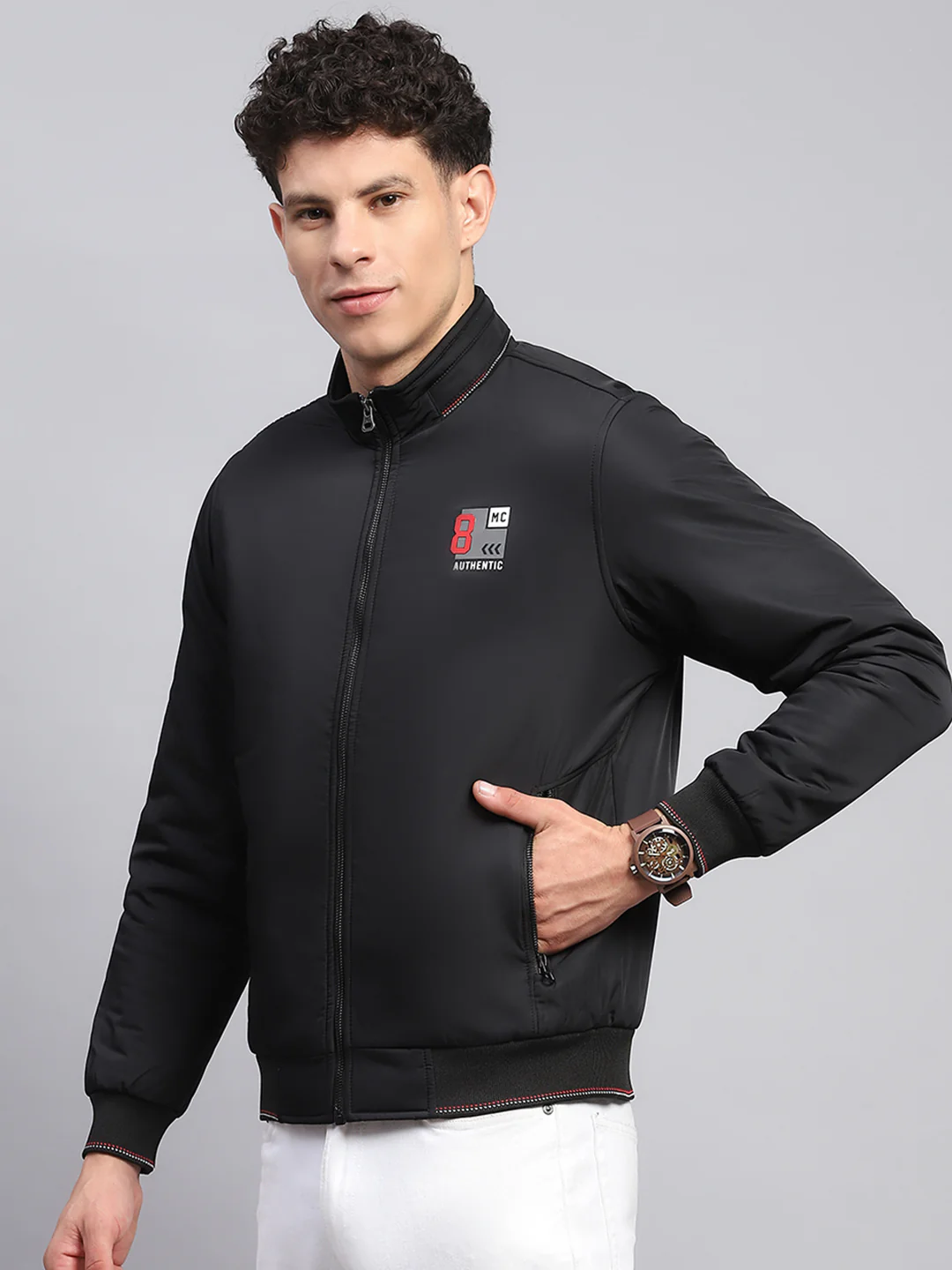 Men Black Printed Mock Neck Full Sleeve Jacket - Image 4