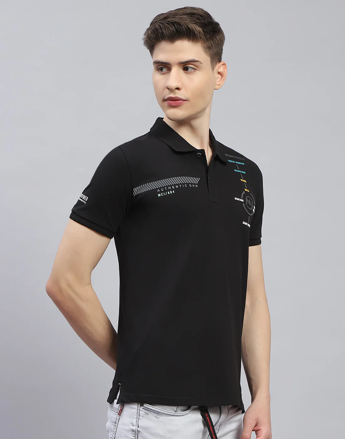 Men Black Printed Polo Collar Half Sleeve T-Shirt - Image 5