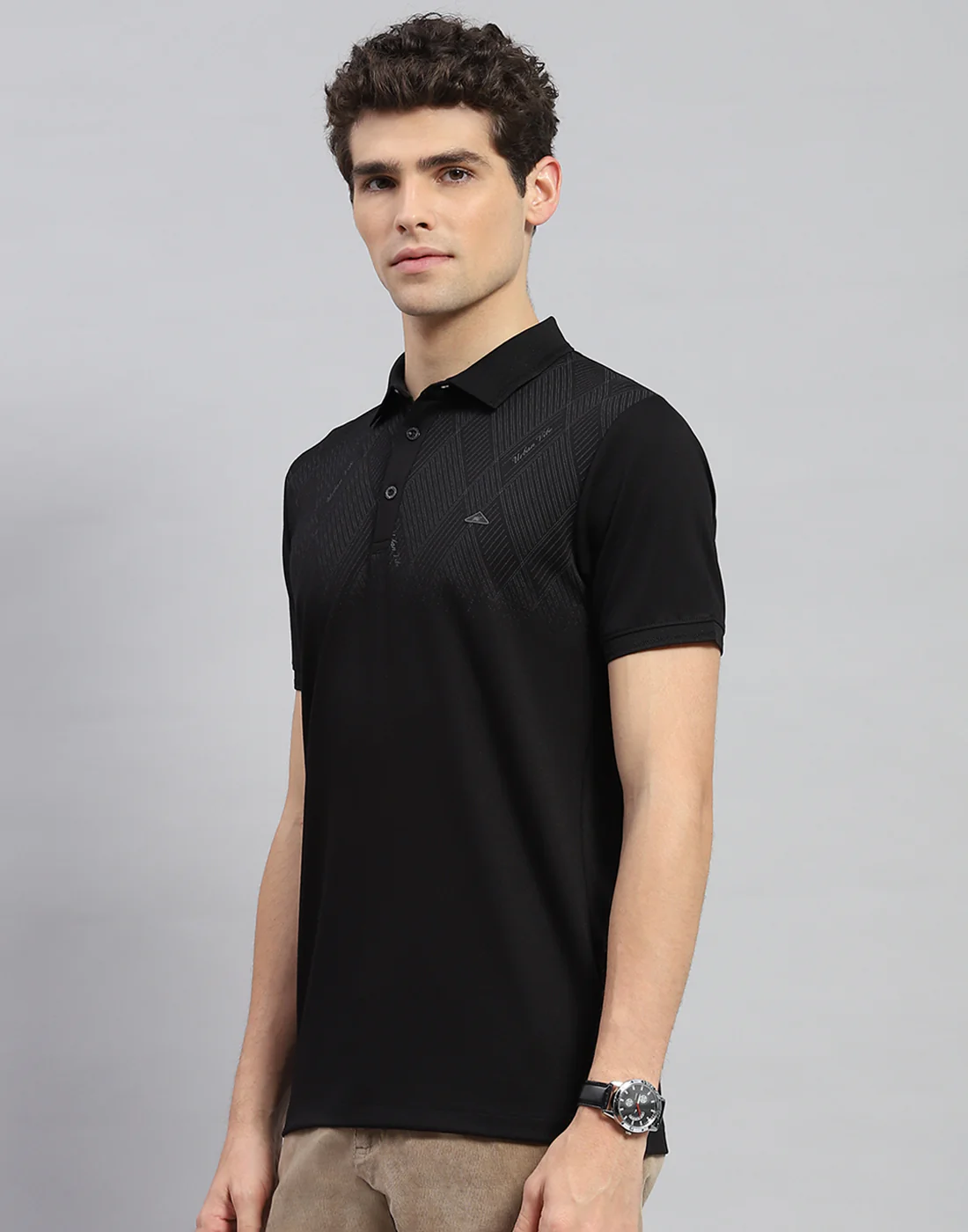 Men Black Printed Polo Collar Half Sleeve T-Shirt - Image 3