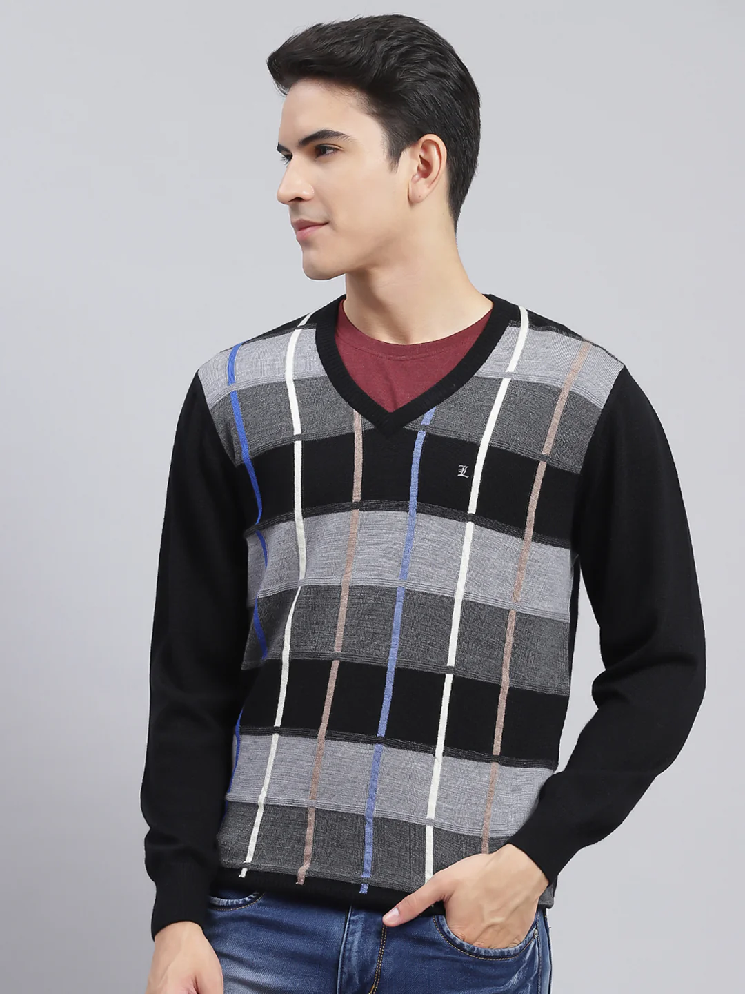 Men Black Printed Pure wool Pullover - Image 2