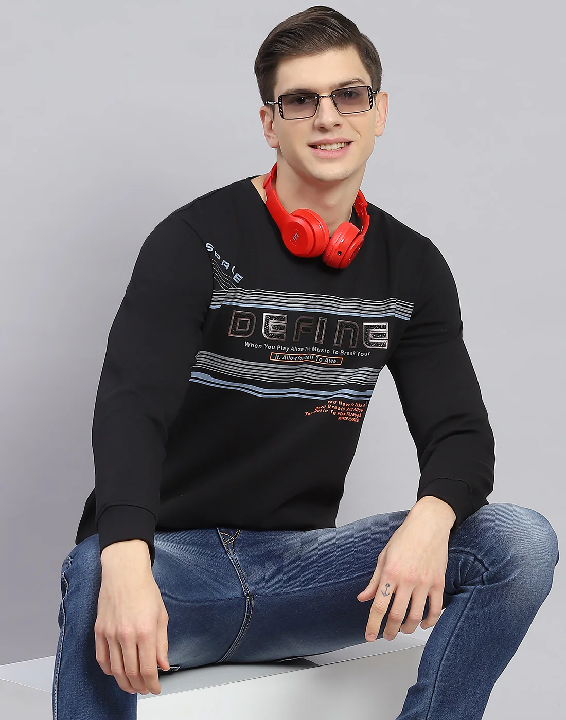 Men Black Printed Round Neck Full Sleeve Sweatshirt - Image 2