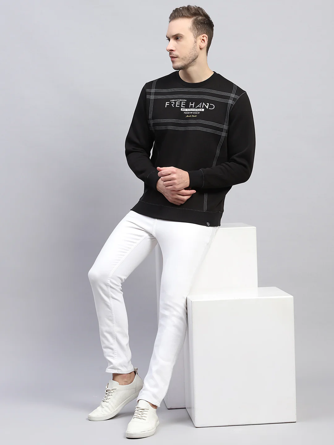 Men Black Printed Round Neck Full Sleeve Sweatshirt - Image 2