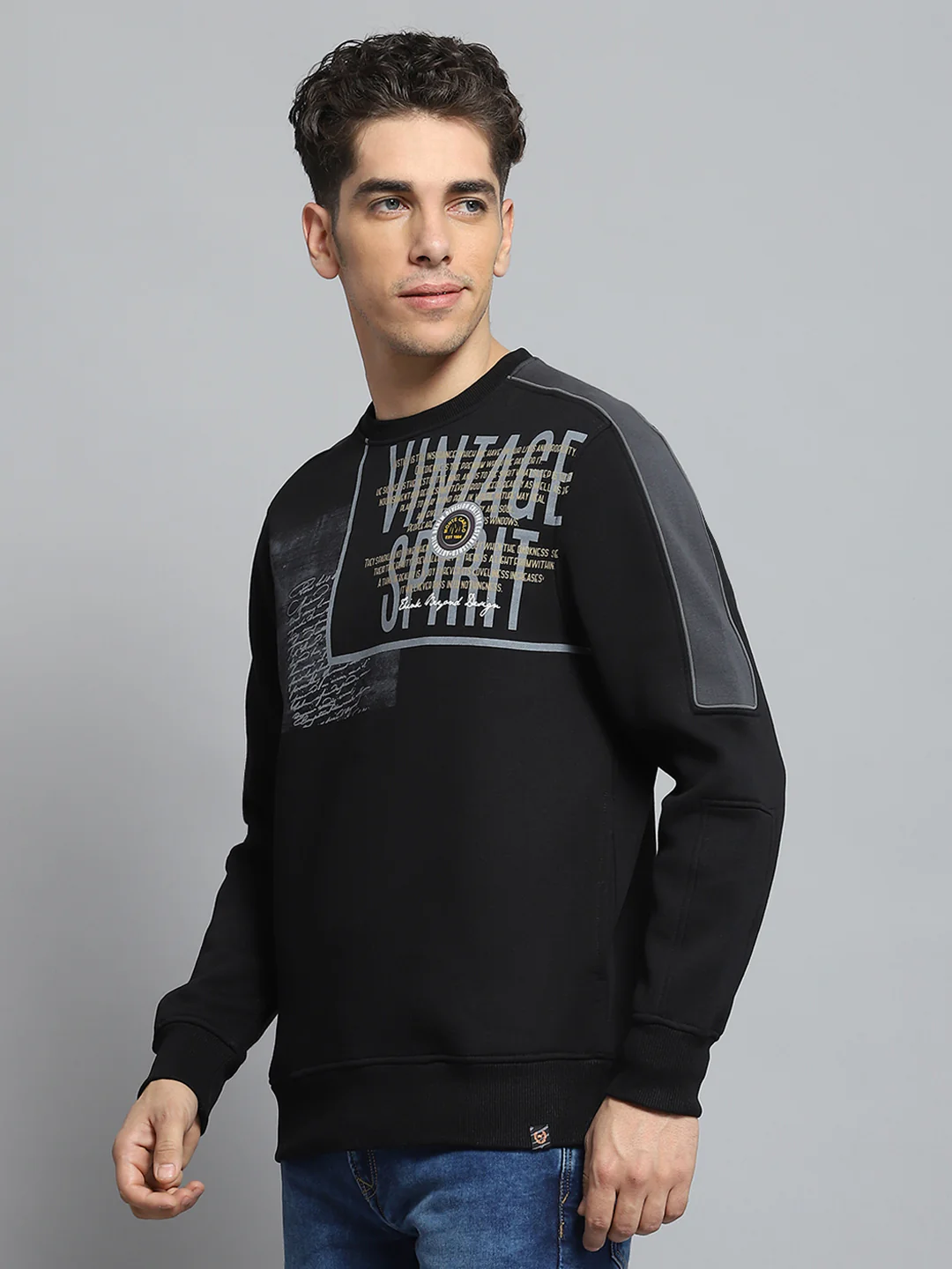 Men Black Printed Round Neck Full Sleeve Sweatshirt - Image 3
