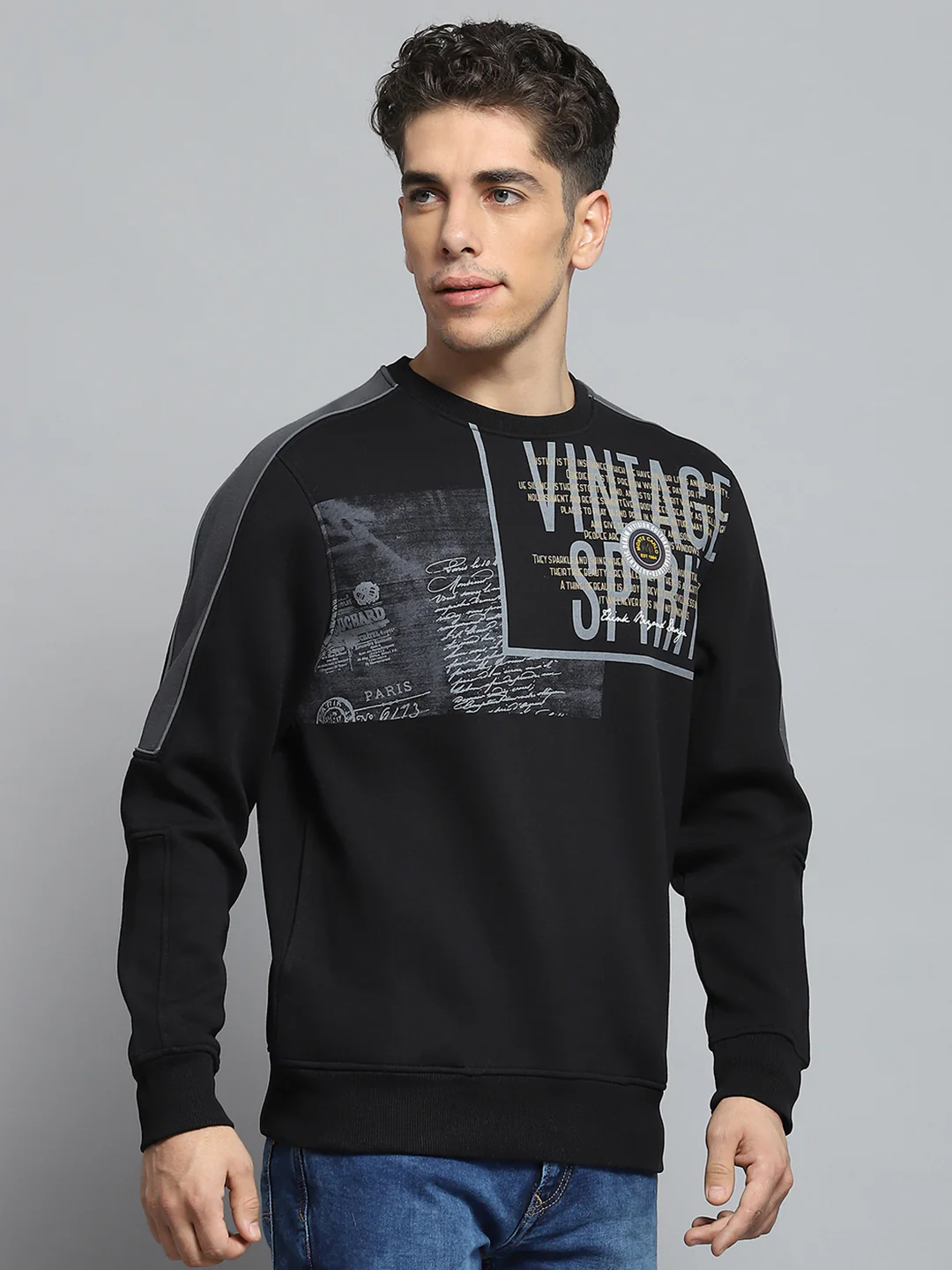 Men Black Printed Round Neck Full Sleeve Sweatshirt - Image 4