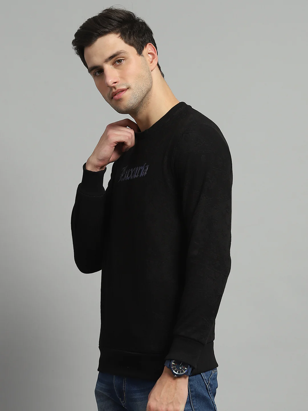 Men Black Printed Round Neck Full Sleeve Sweatshirt - Image 3