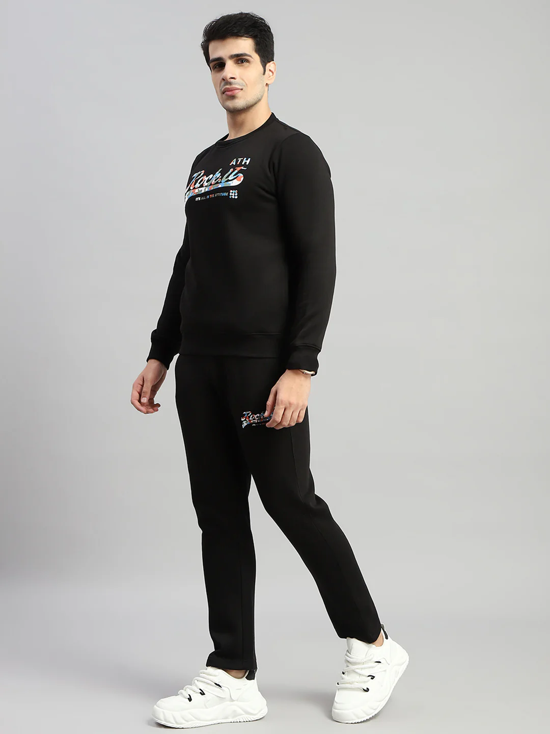 Rock.it Men Black Printed Round Neck Full Sleeve Winter Tracksuit - Image 3