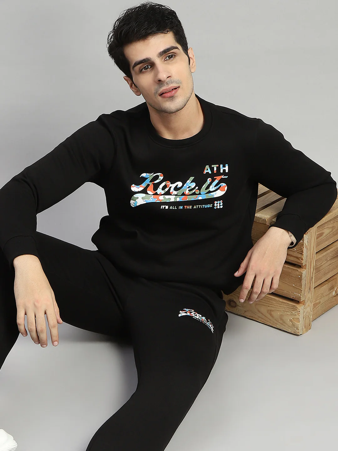 Rock.it Men Black Printed Round Neck Full Sleeve Winter Tracksuit - Image 6
