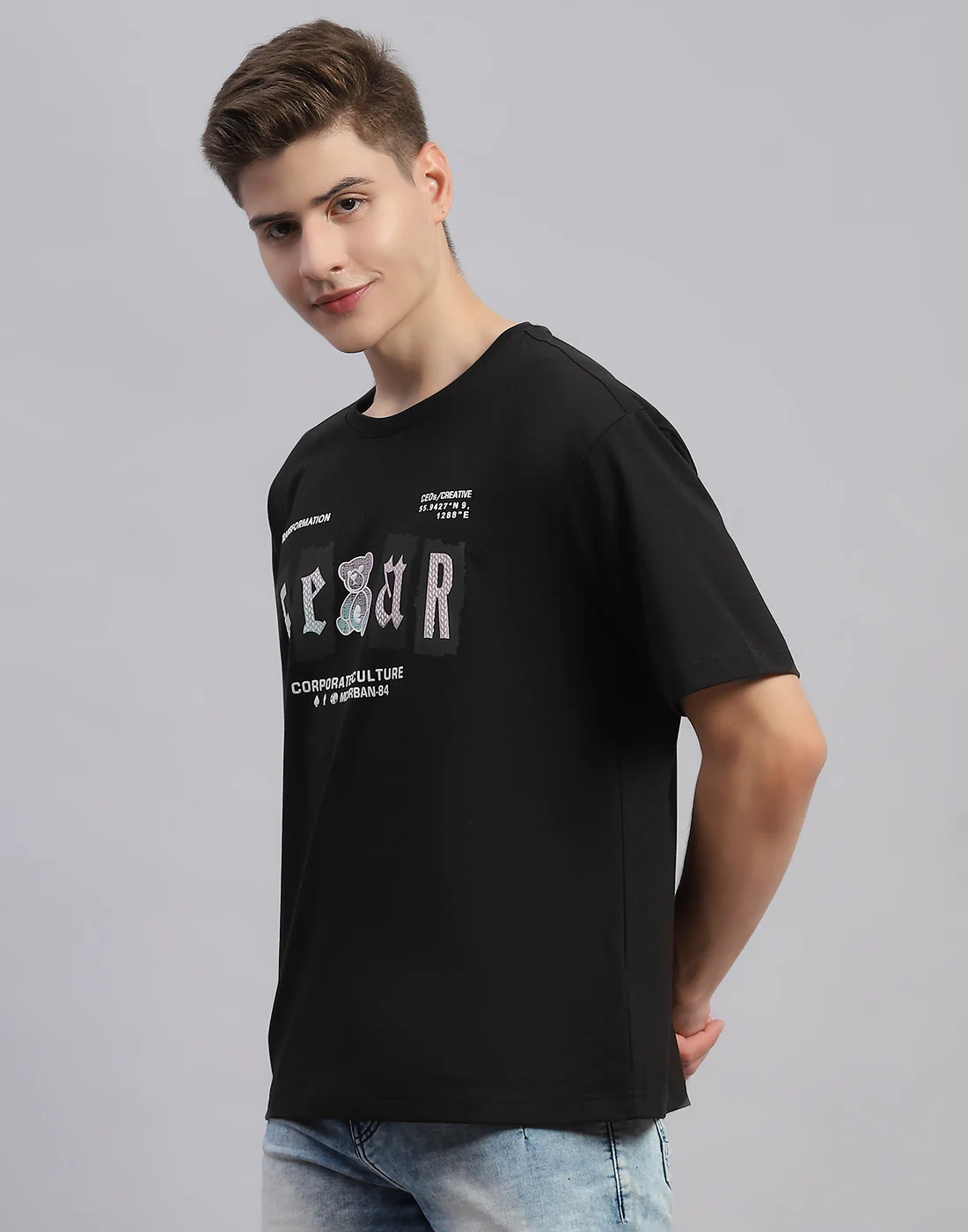 Men Black Printed Round Neck Half Sleeve T-Shirt - Image 3