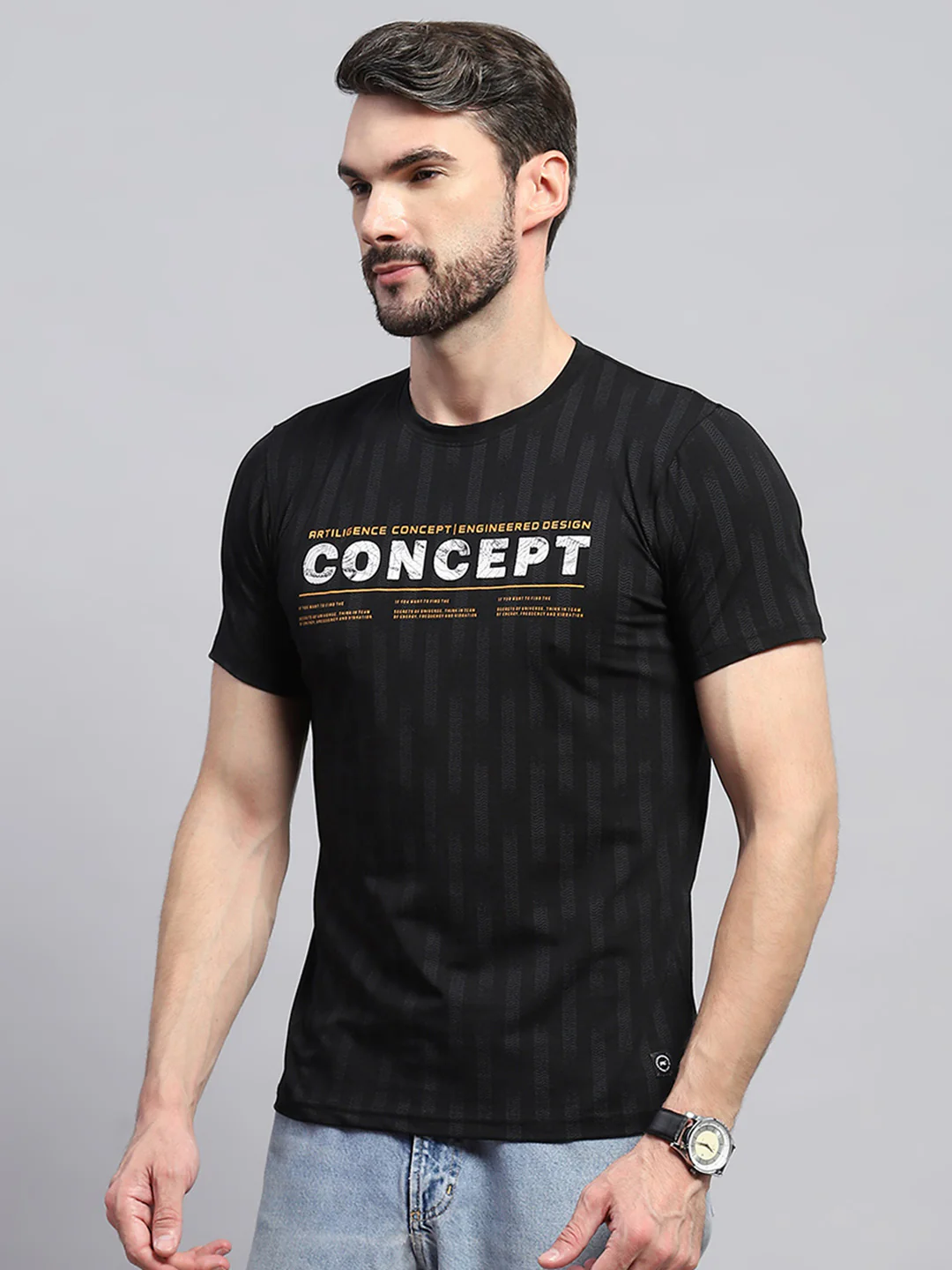 Men Black Printed Round Neck Half Sleeve T-Shirt - Image 3