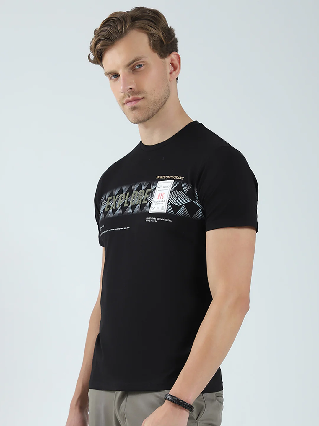 Men Black Printed Round Neck Half Sleeve T-Shirt - Image 3