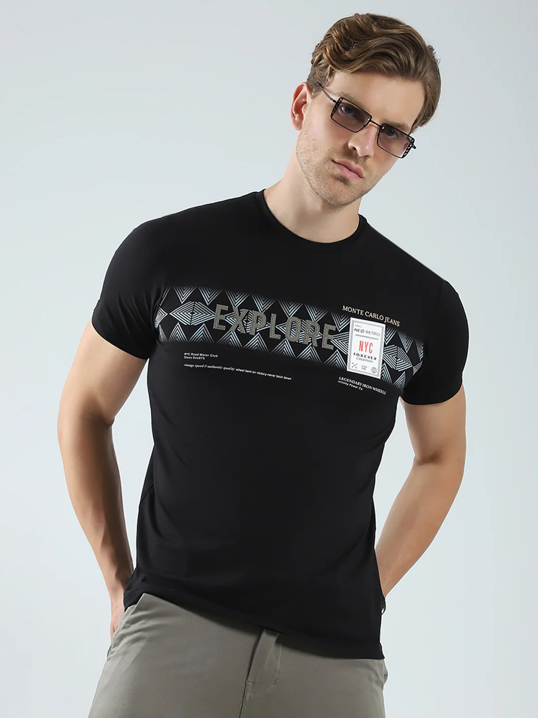 Men Black Printed Round Neck Half Sleeve T-Shirt - Image 6