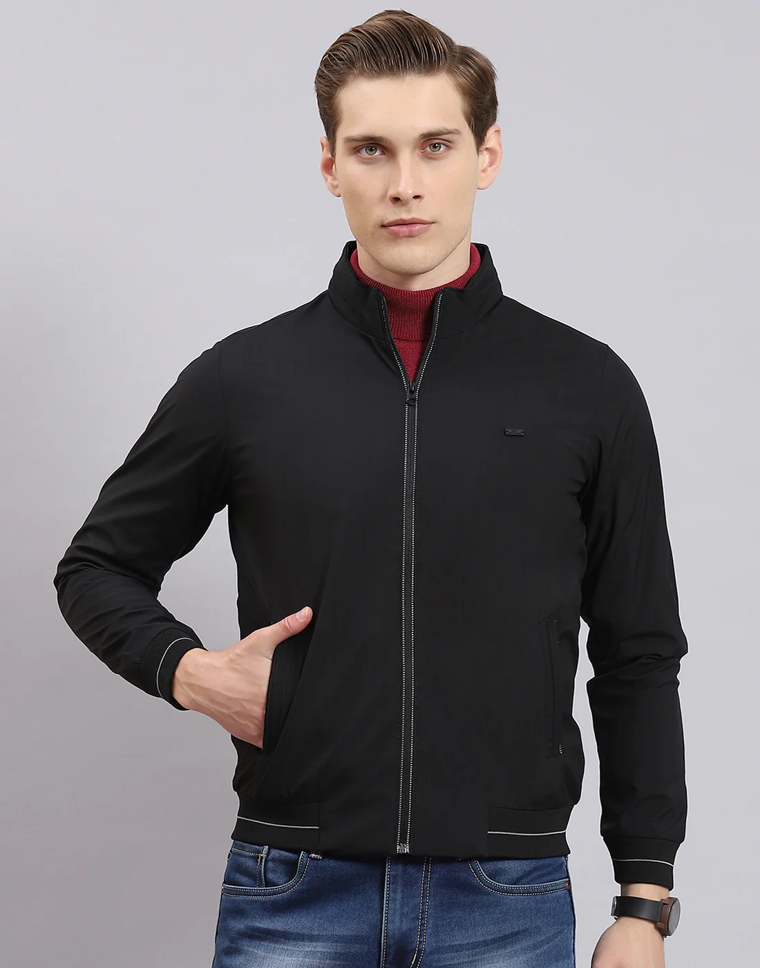 Men Black Printed Stand Collar Full Sleeve Jacket - Image 2