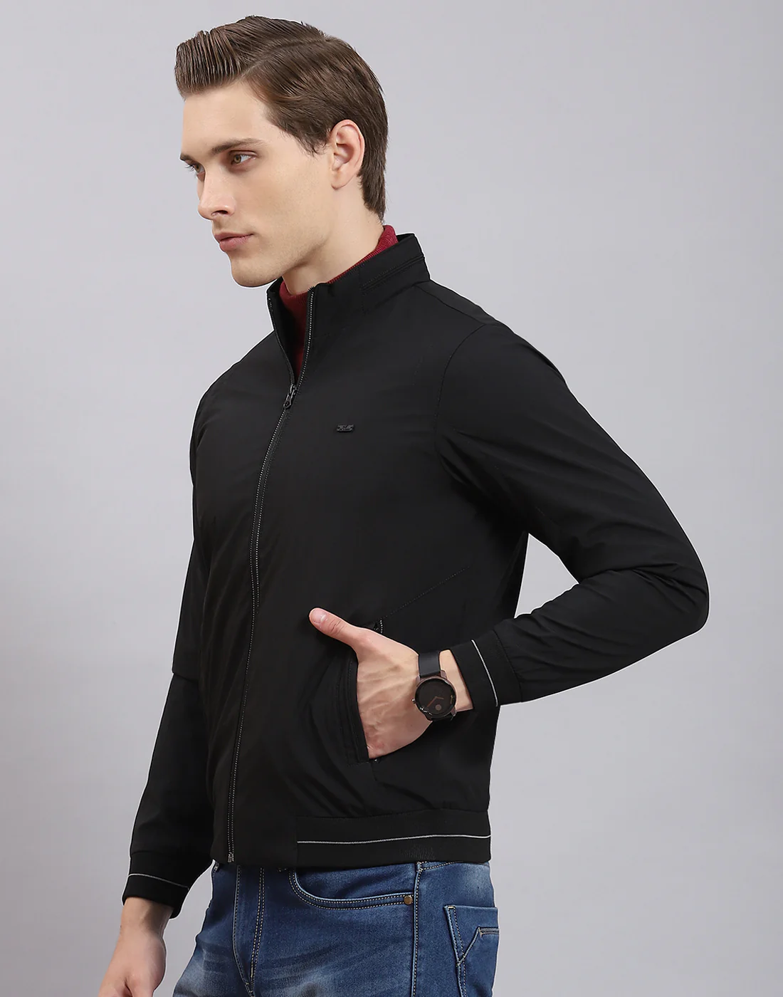 Men Black Printed Stand Collar Full Sleeve Jacket - Image 3