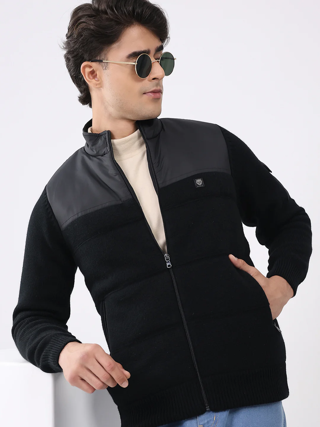 Men Black Printed T Neck Full Sleeve Jacket - Image 6