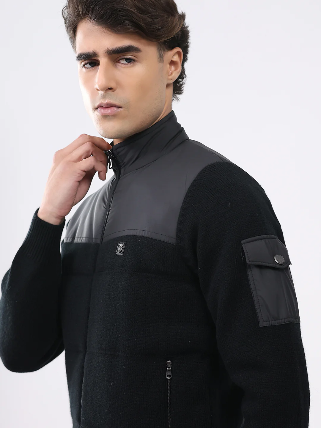 Men Black Printed T Neck Full Sleeve Jacket - Image 7