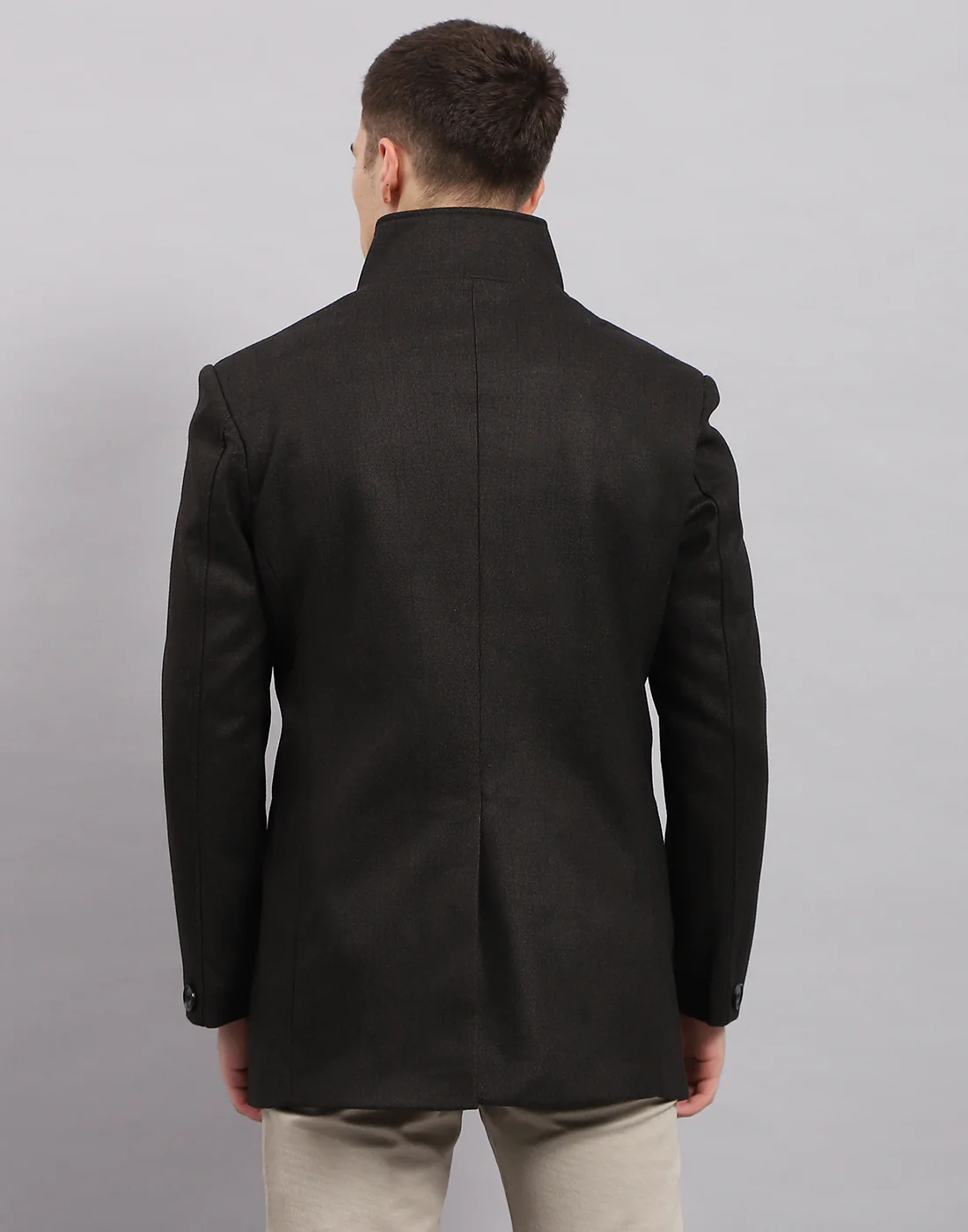 Men Black Self Design Band Collar Full Sleeve Coat - Image 5
