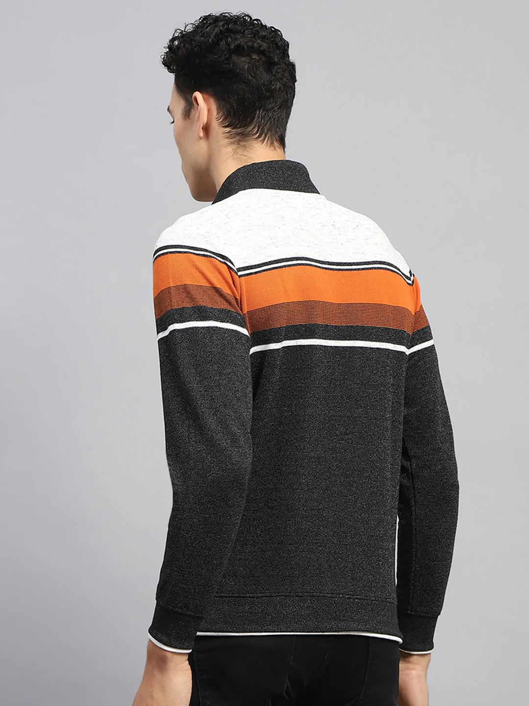 Men Black Self Design Band Collar Full Sleeve Winter T-Shirt - Image 5